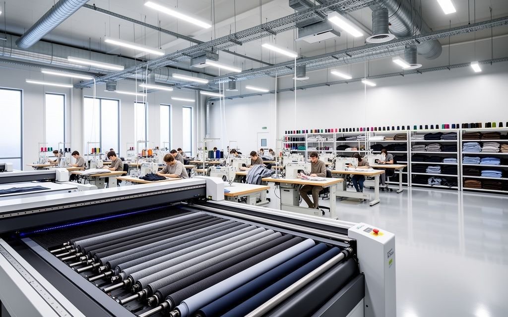 Sportswear production technician assembling athletic jersey at precision sewing machine