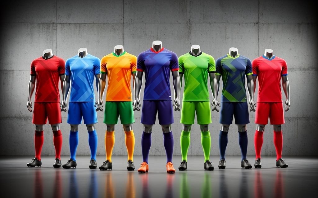 Custom soccer match kit featuring black and red jersey, shorts, and socks