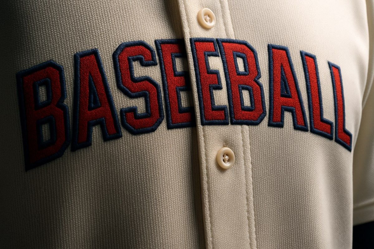 Embroidered baseball team crest and twill lettering