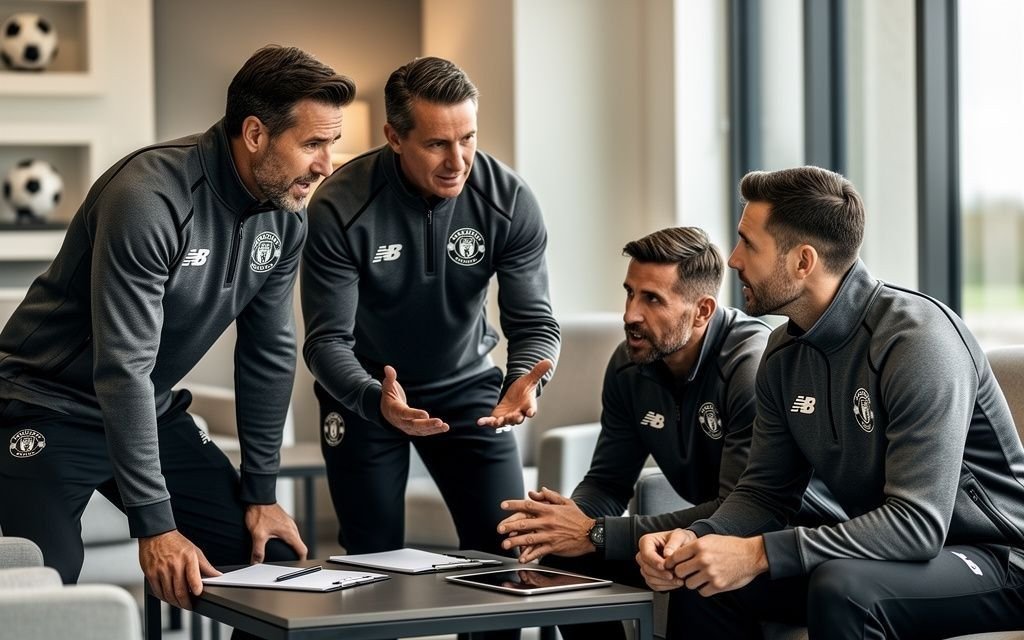 Club staff and players in coordinated presentation apparel