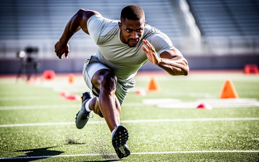 Athlete running conditioning drills in performance training gear