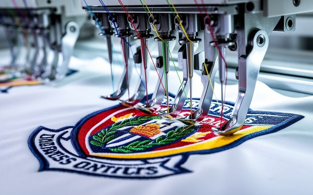 Multi-needle embroidery machine stitching a custom team crest onto sportswear fabric