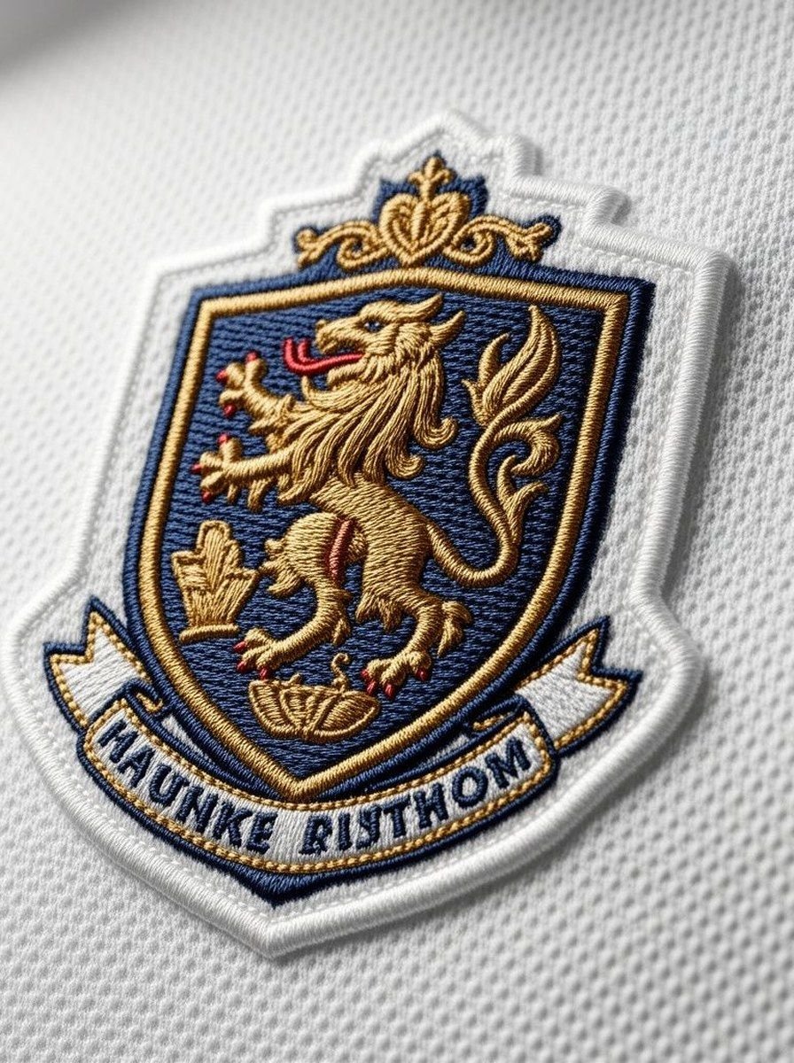 Close-up of a finished 3D embroidered team crest with metallic gold thread detail