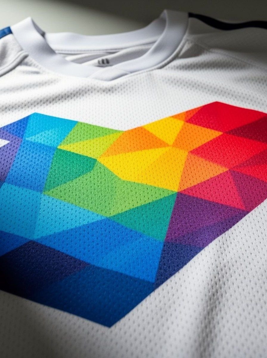 Close-up of all-over dye sublimation print on technical sports jersey mesh fabric