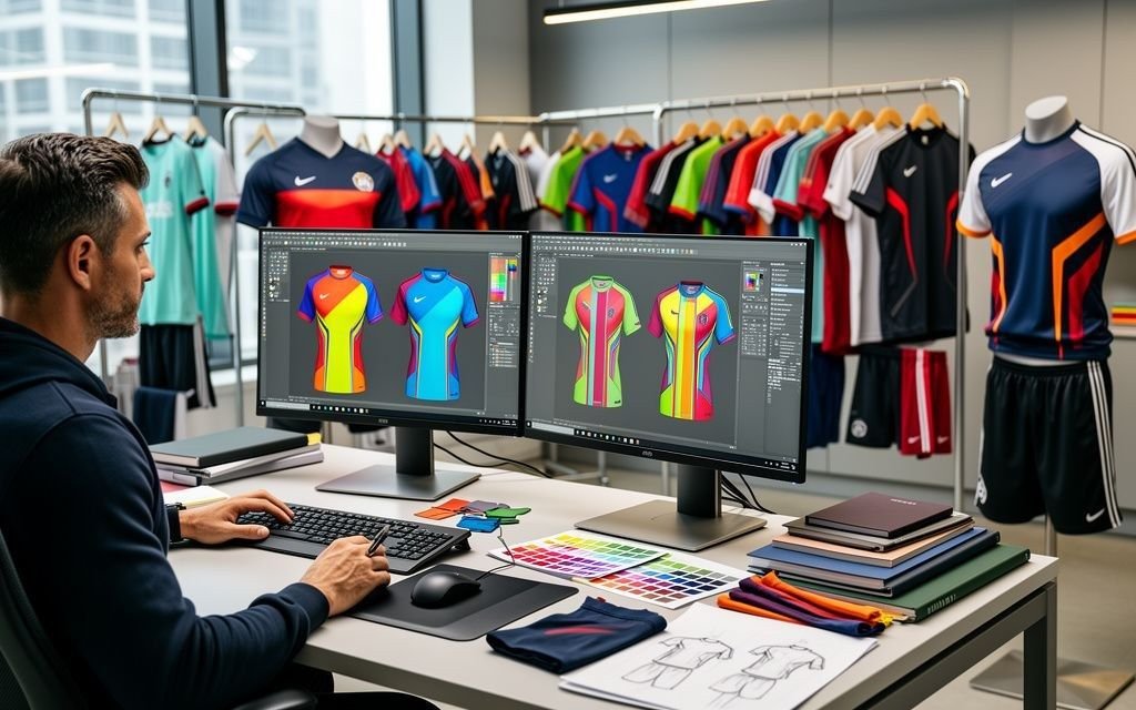 Designer reviewing custom sportswear artwork on workstation