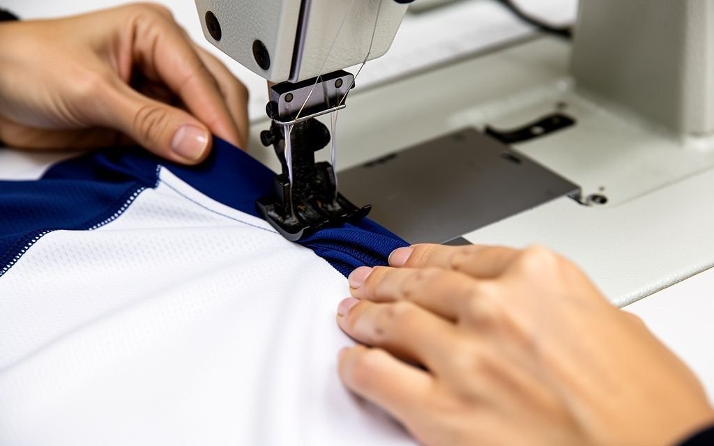 Sportswear technician operating heavy duty sewing machine in clean manufacturing floor