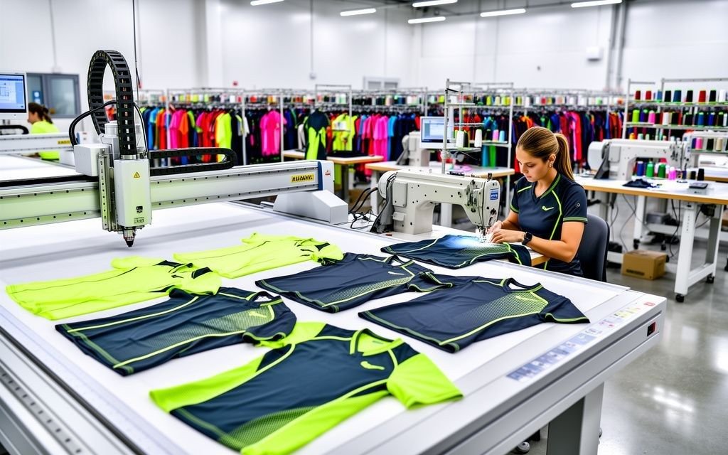 Sportswear manufacturing facility showing cutting, sewing, and finished teamwear