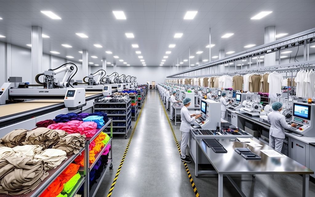 Sportswear technician stitching custom athletic garments at industrial workstation